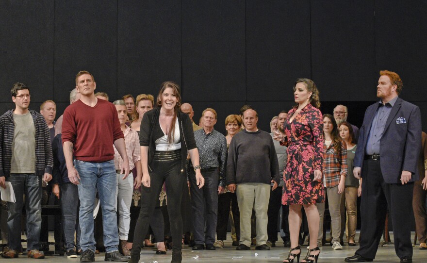 (L-R) Bass-baritone Michael Mayes is Wendell Swann, mezzo-soprano Kate Aldrich is Arden Scott, soprano Joyce El-Khoury is Tatyana Bakst, and tenor Garrett Sorenson is Anthony Candolino in San Diego Opera's "Great Scott," an opera about putting on an opera.