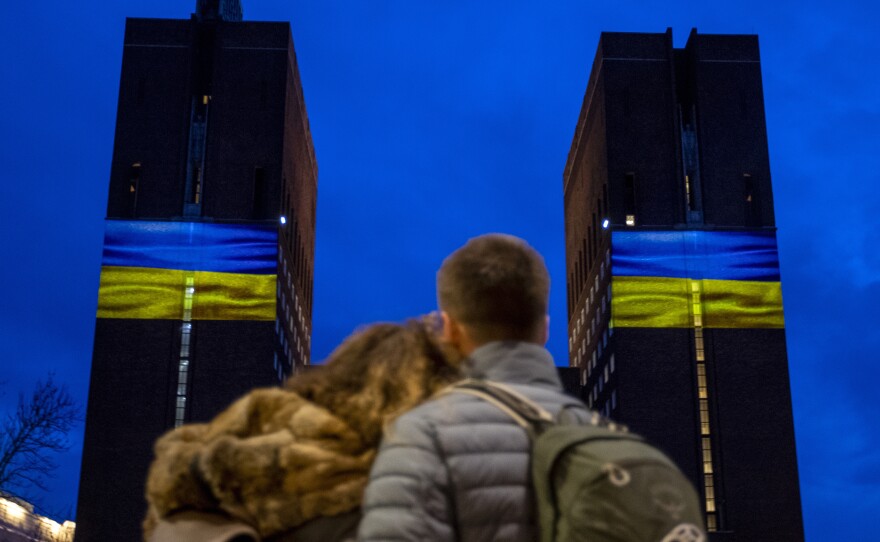 Oslo City Hall was illuminated with the colors of the Ukrainian flag in Norway's capital on Thursday night.