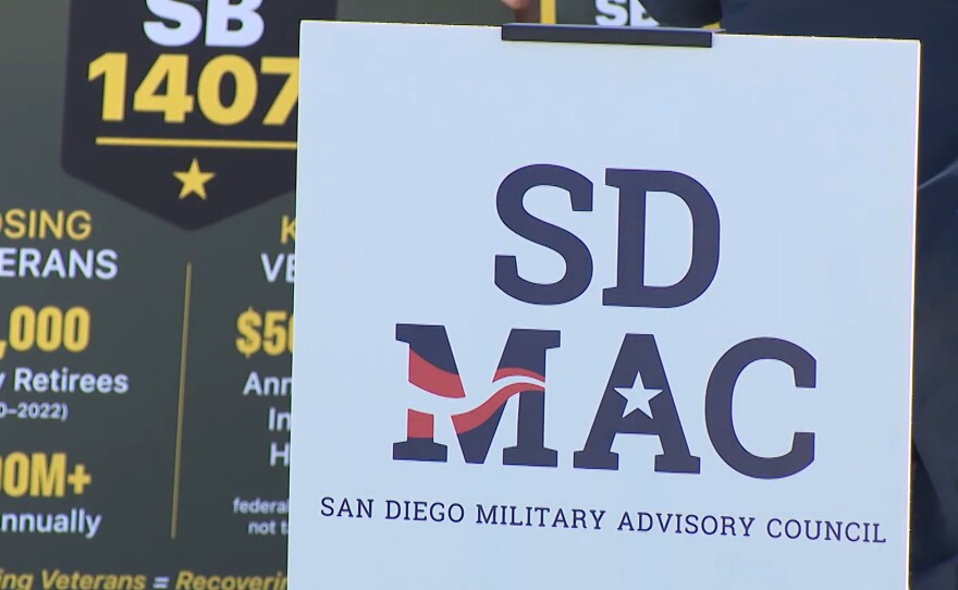 Signs for Senate Bill 1407 and San Diego Military Advisory Council are shown in this undated photo.
