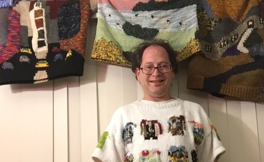 Barsky gets meta in a sweater of his handmade sweaters.