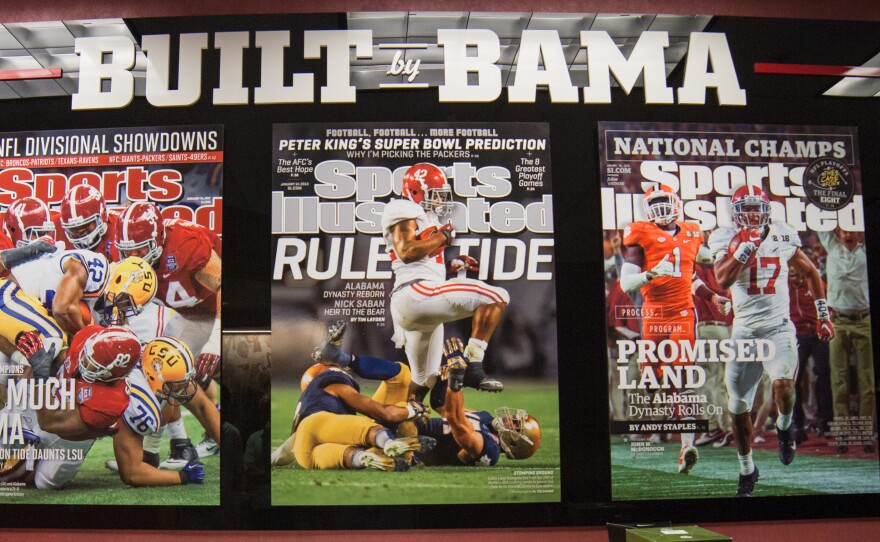 Outside Coach Nick Saban's office there are enlargements of five <em>Sports Illustrated</em> covers that highlight notable Alabama wins under Saban.