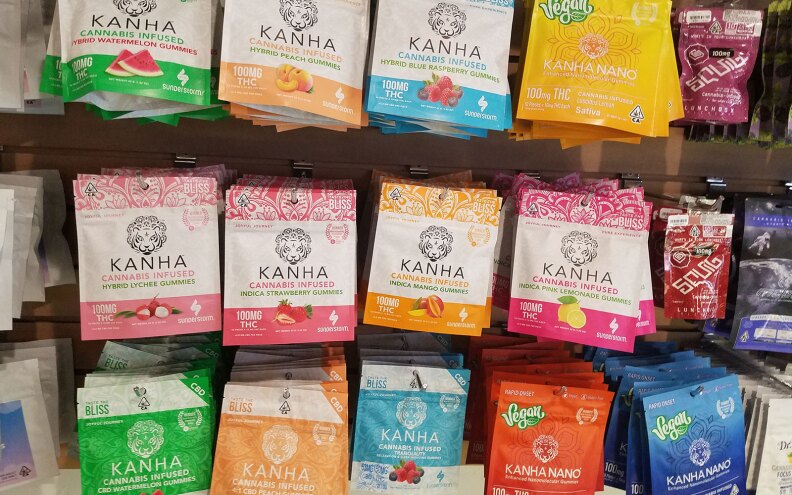 Edible marijuana gummies are displayed in a dispensary, Dec. 6, 2019.