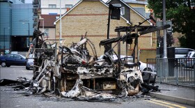 Burnt bus in London