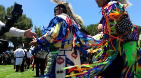 Native American dancers participate in Pow Wow at the San Luis Rey Mission grounds in Oceanside, June 8, 2019.