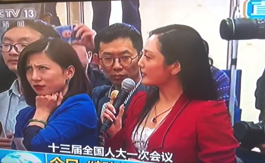 A screenshot of Liang Xiangyi, a financial news reporter, who was so disgusted by a fellow reporter's softball question to a government official at the National People's Congress that she was caught on live television rolling her eyes. The moment went viral.