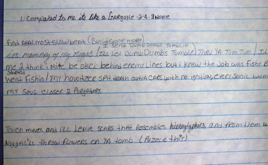 A photo of evidence from the James Carter case showing some of Carter's rap lyrics.