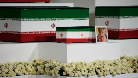 The casket of slain Iranian Supreme Leader Ayatollah Ali Khamenei's granddaughter, Zahra Mohammadi Golpayegani, is displayed alongside the caskets of Khamenei and other members of his family during a viewing ceremony ahead of the dayslong funeral ceremonies at the Imam Khomeini Mosalla Grand Mosque in Tehran, Iran, Friday, July 3, 2026.