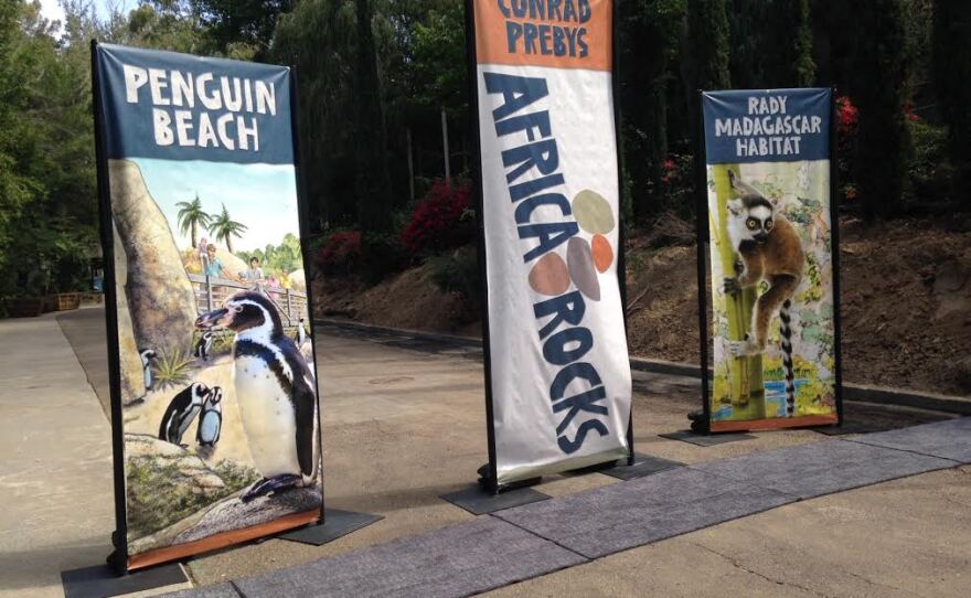 Banners at the San Diego Zoo promote the upcoming Africa Rocks exhibit, July 29, 2015.