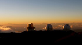 View of W. M. Keck Observatory at sunset, summit of Mauna Kea, Island of Hawaii. 