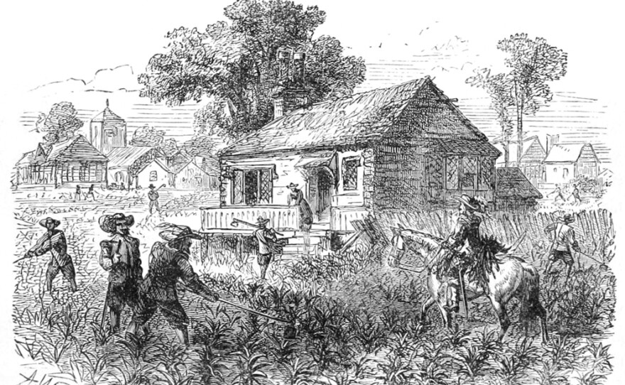 An 1878 engraving depicting tobacco cultivation at Jamestown, circa 1615.