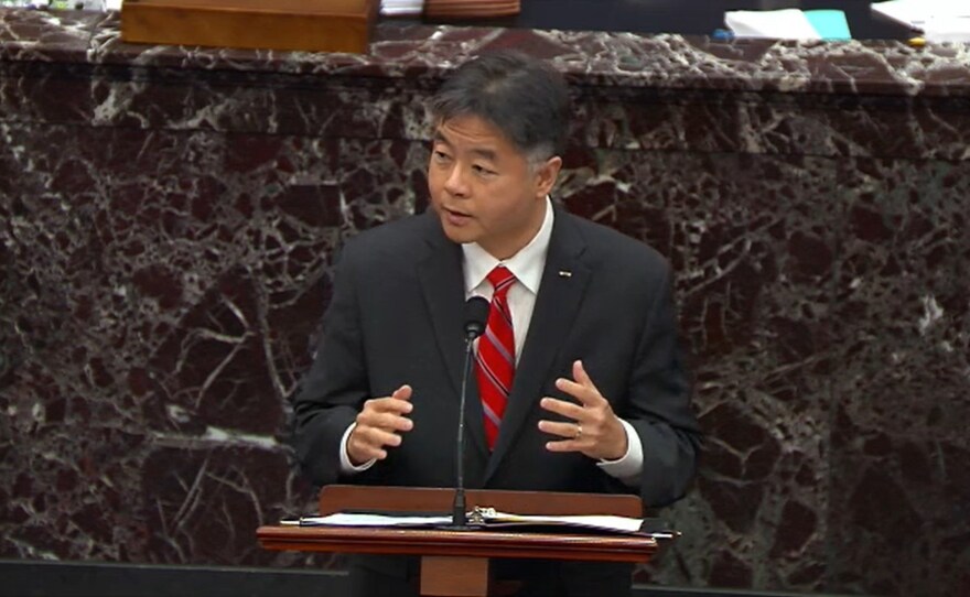Rep. Ted Lieu, D-Calif., speaks on the third day of former President Donald Trump's second impeachment trial. House impeachment managers argue that Trump both incited the Jan. 6. insurrection and also showed no remorse after the attack.