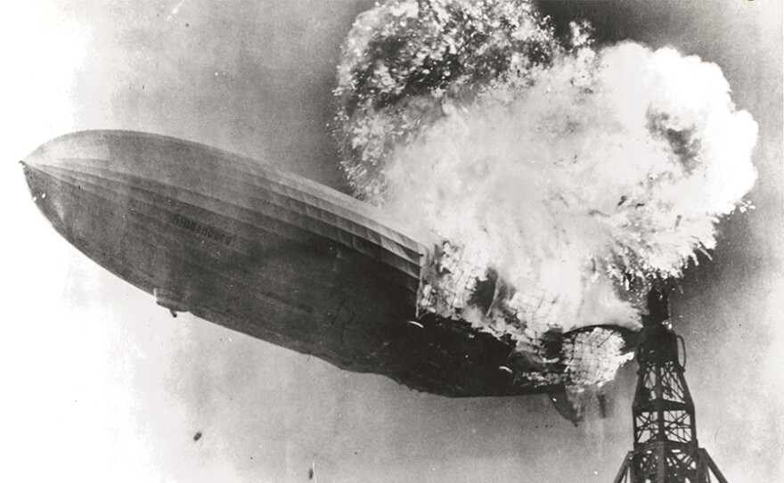 he Hindenburg catching fire on May 6, 1937 at Lakehurst Naval Air Station in N.J.