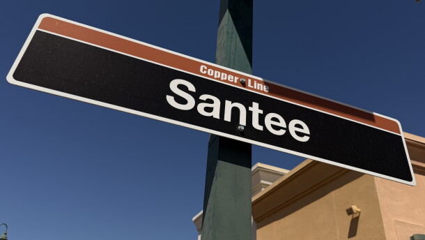 A sign for Santee appears on a pole for the Copper Line trolley extension, Sept. 25, 2026.