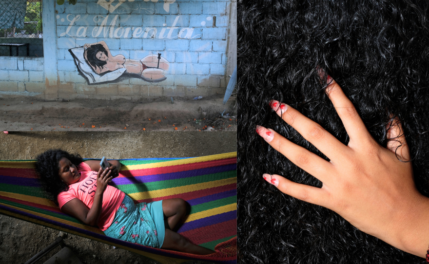 <strong>Left: </strong>One of the streets painted in the community of San Marquitos Oaxaca and Marlene, one of Emma's daughters, resting on a hammock. <strong>Right:</strong><em> </em>Hair of a young Afro-descendant woman touched by another woman during one of the activities of the sixth Afro-descendant women's meetings in the Costa Chica of Oaxaca.