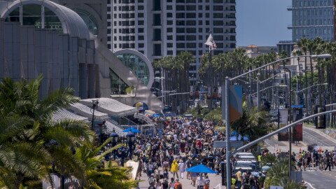Crowds walk outside the San Diego Convention Center during Comic-Con on July 25, 2025.