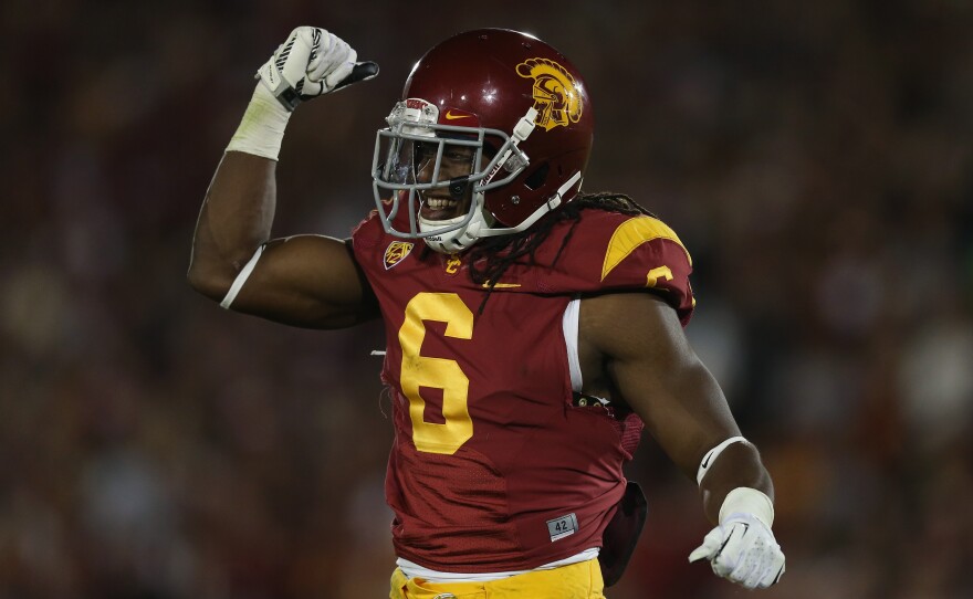 Josh Shaw of the USC Trojans celebrates in Los Angeles, California.