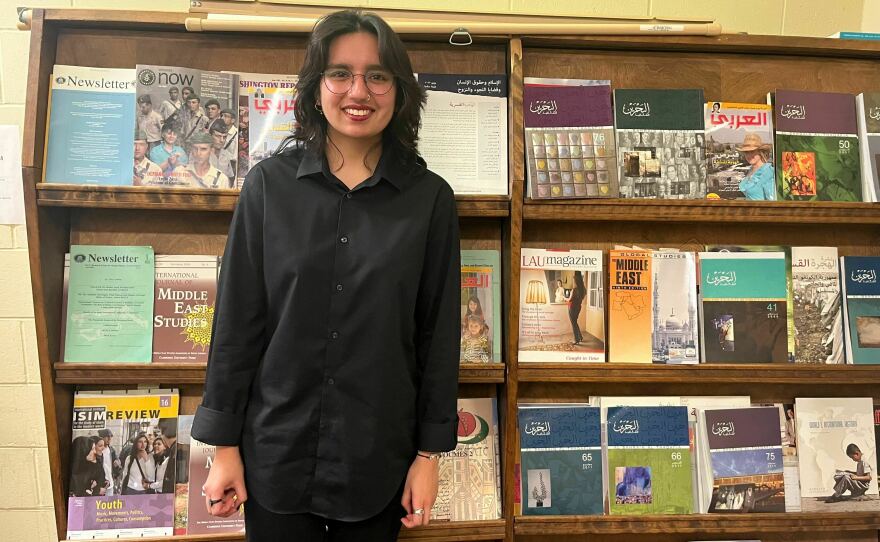 Rania Umer, pictured at Wayne State University in Detroit, is eligible to vote for the first time in November but doesn't plan to do so.