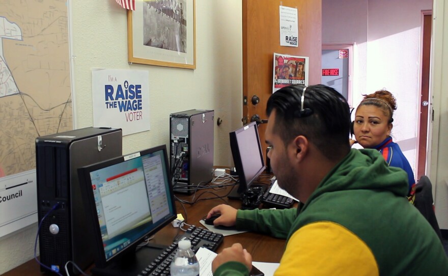 Volunteers with the Center on Policy Initiatives make calls to voters urging them to support Proposition I, April 27, 2016.