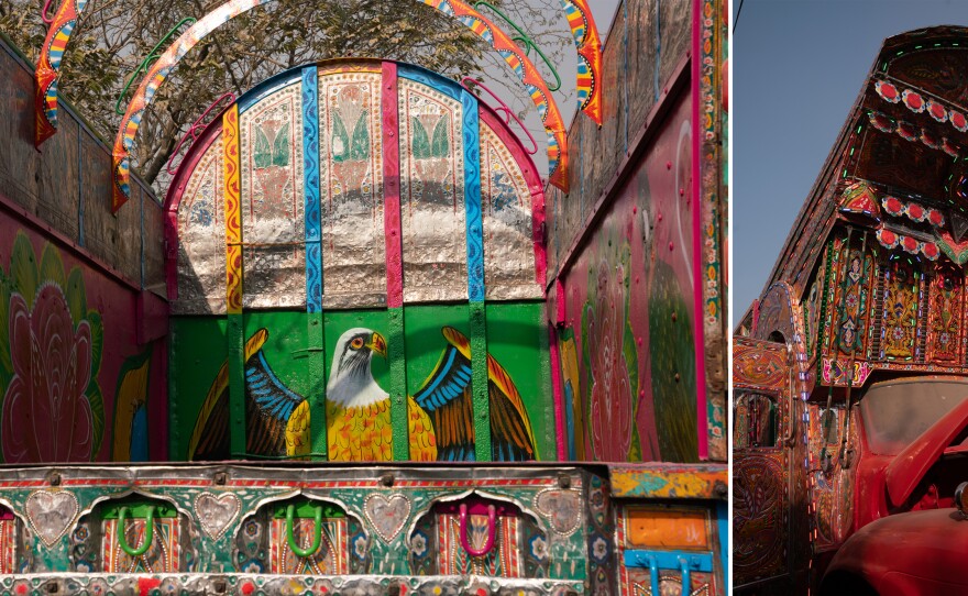 Left: An eagle is painted inside a truck bed on the back of a truck. Right: The towering truck front is covered with tiny lights, which create dazzling effects in the night.