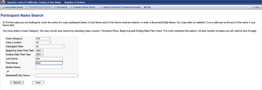 A screenshot of San Diego Superior Court’s online records search by participant name.