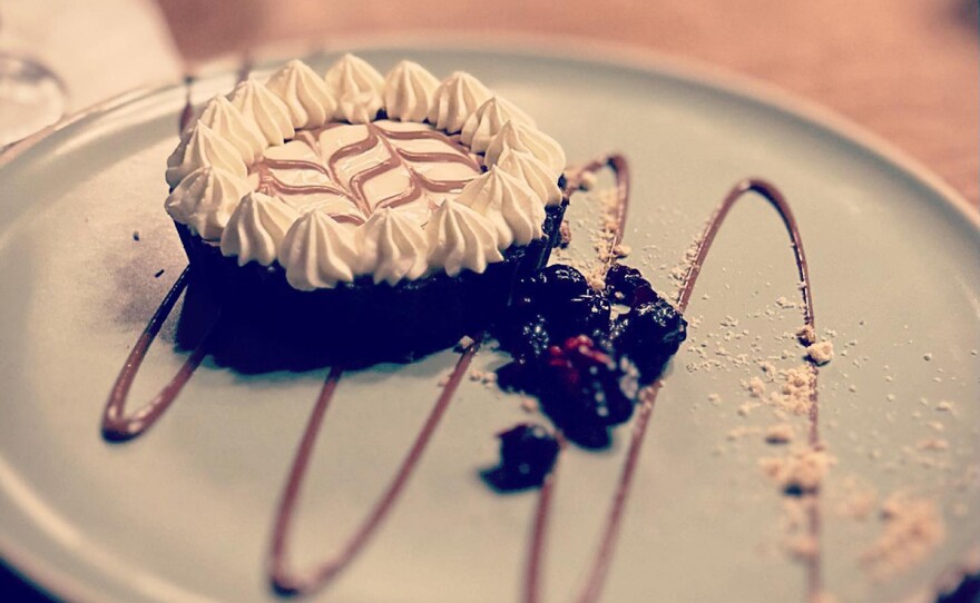 Host Jorge Meraz found his favorite dessert - a little cream pie at Ophelia restaurant in Ensenada, Mexico.