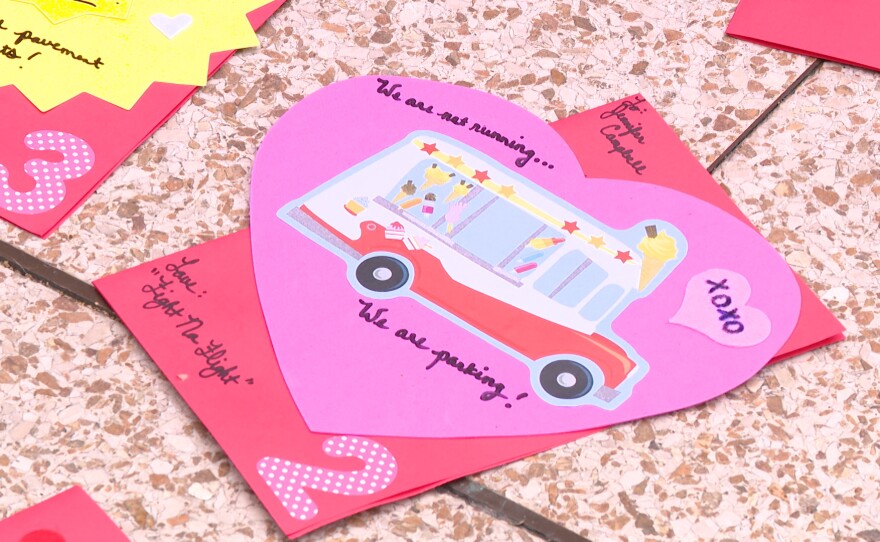 Valentine's cards to be delivered to members of the San Diego City Council are shown at Civic Center Plaza on February 10, 2026.