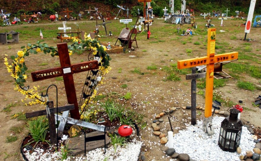 Crosses mark the site of the Station nightclub fire on May 10, 2006 in West Warwick, Rhode Island.