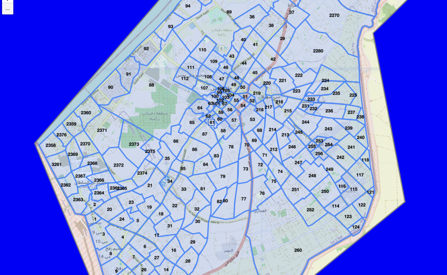 This screenshot of an online "evacuation zone map" of the Gaza Strip provided by the Israel Defense Forces shows parts of southern Gaza, including Khan Younis and Rafah.