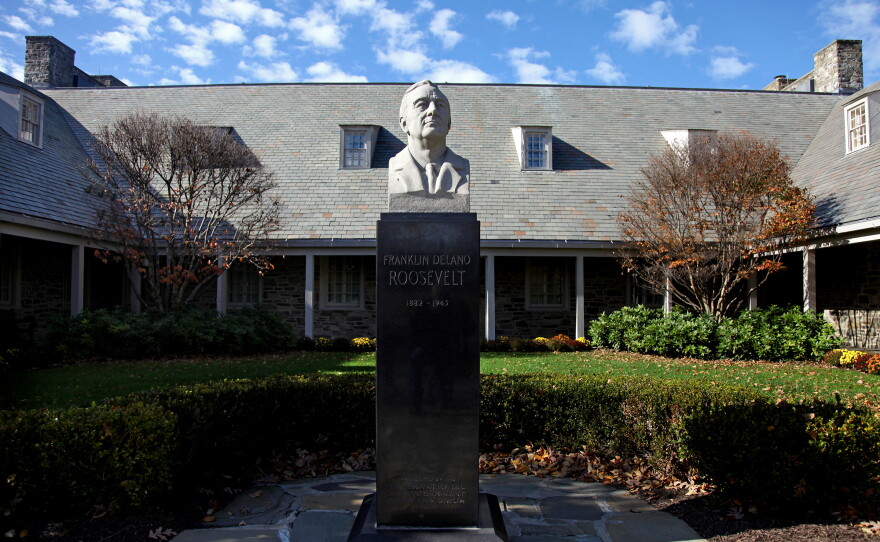 The bust of President Franklin D. Roosevelt stands in front of the Franklin D. Roosevelt Presidential Library and Museum in Hyde Park, N.Y.