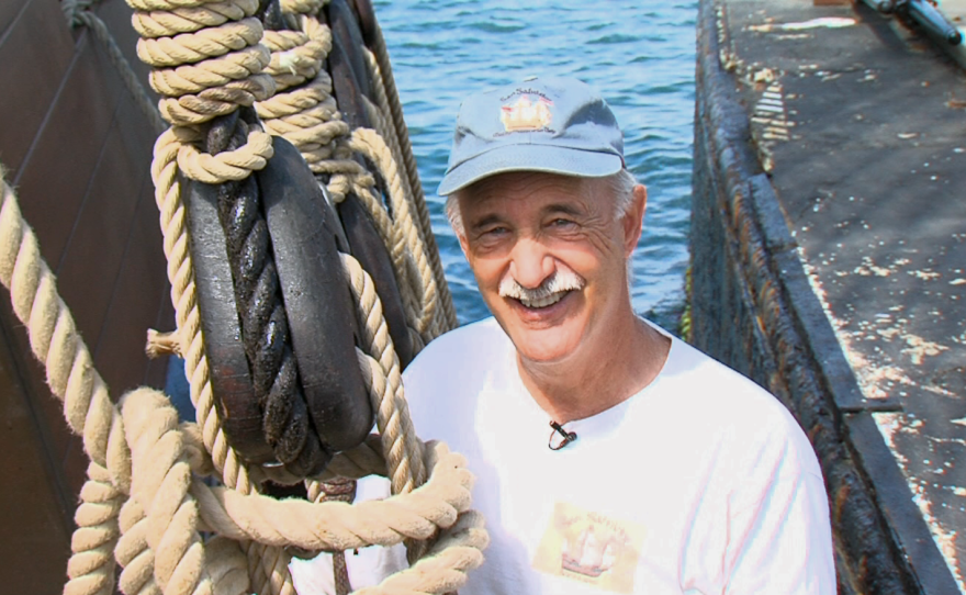 Volunteer John Marsh works on board the San Salvador in San Diego Bay on Sept. 1, 2015.