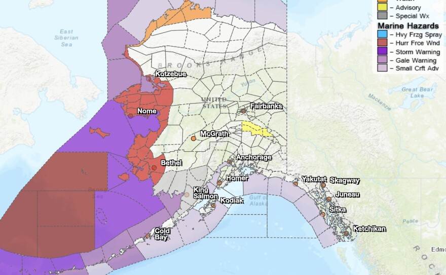 A National Weather Service map shows weather advisories and warnings blanketing essentially Alaska's entire coastline Friday, as a historic storm approaches from the Bering Sea.