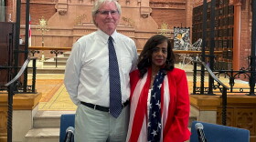 Charlie Taney, the great-great-grandnephew of the man who wrote the Dred Scott opinion, and Lynne Jackson Scott's great-great-granddaughter, speak at an event at St. Mark's Church on Capitol Hill on June 30, 2026.