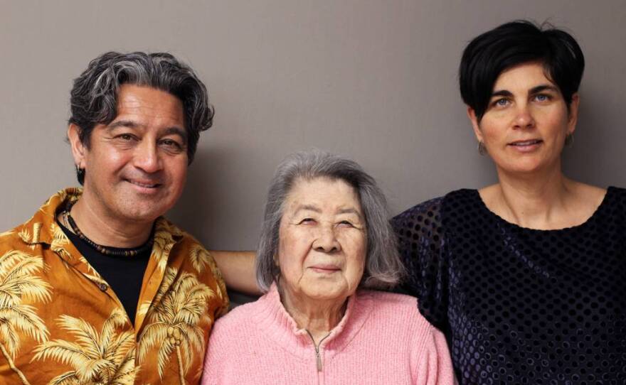Yuriko Uno Kaku with her grandson, Karl Kaku, and granddaughter-in-law, Sasha Khokha.