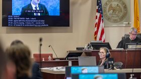 A recording of Meta Founder and CEO Mark Zuckerberg's deposition is played for the jurors on March 4 in Santa Fe, N.M.