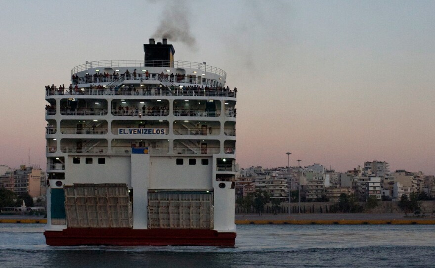 The Eleftherios Venizelos ferry, which Greece now uses exclusively to transport refugees from the Aegean islands, arrives in the port of Piraeus near Athens.