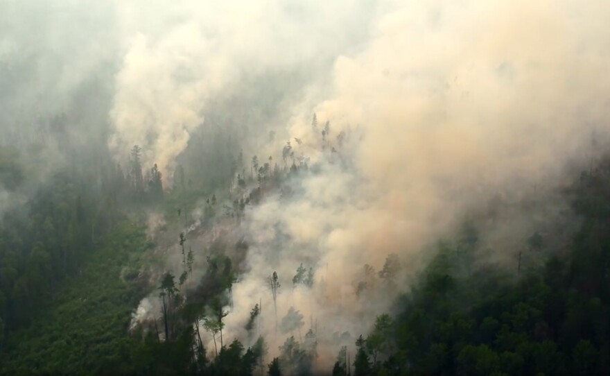 An aerial view of a forest fire in Russia's Krasnoyarsk Territory.
