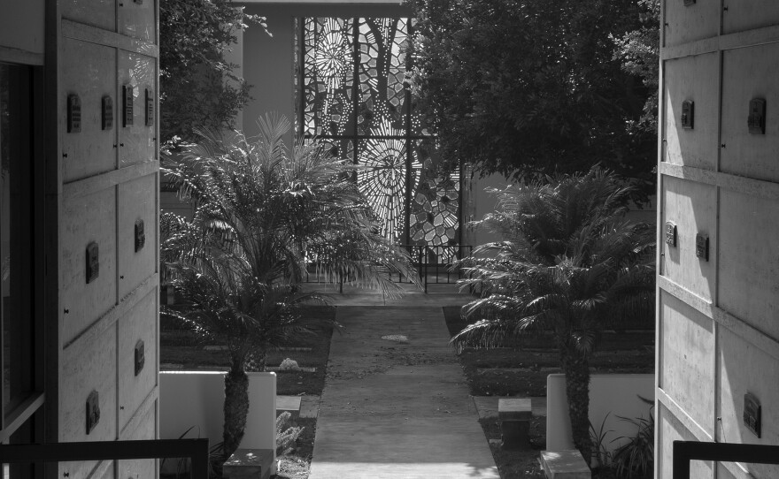 Within the mausoleum at Hillside Memorial Park, Williams created many intimate nooks with benches and green spaces to allow for peaceful reflection.