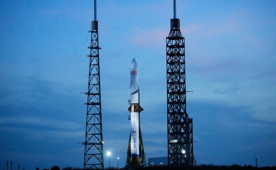 A Blue Origin New Glenn rocket stands ready for launch at the Cape Canaveral Space Force station in Cape Canaveral, Fla., April 18, 2026.