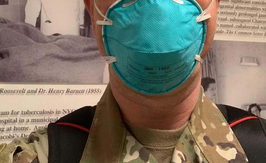 1st Lt. Joe O'Brien, a nurse and reservist with the 927th Aeromedical Staging Squadron at MacDill AFB, Fla., arrives for his shift at Jacobi Hospital in New York City in this undated photo.