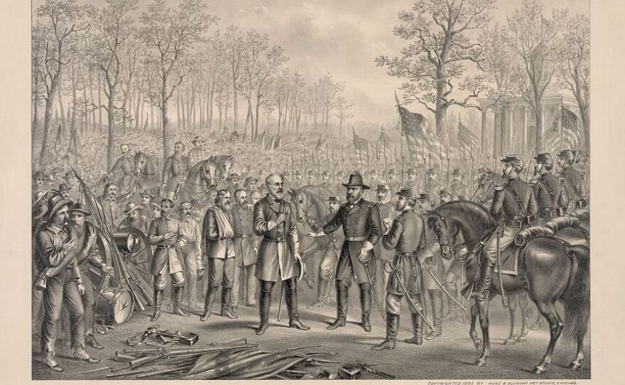 An engraving depicts Confederate General Robert E. Lee's surrender to Union General Ulysses S. Grant in Appomattox, Va.