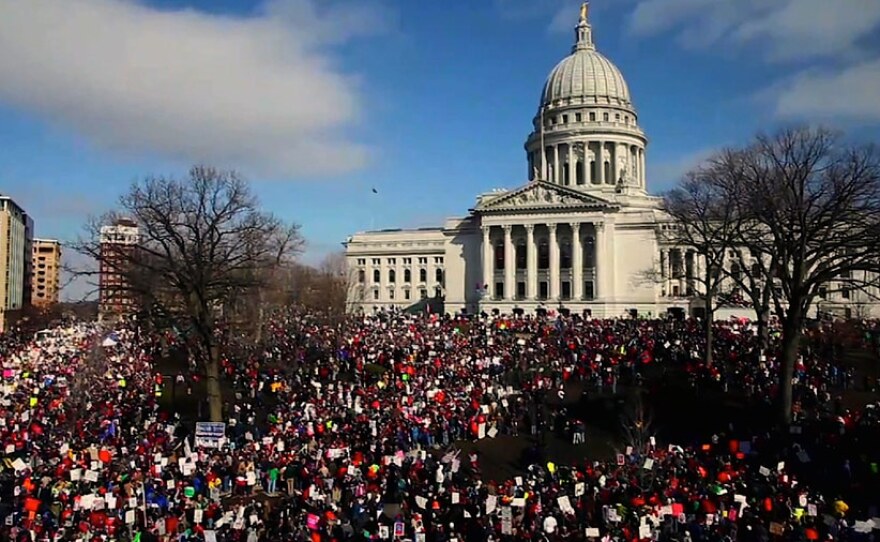 Scene outside of Madison, Wisconsin’s state Capitol, during 2011 protests against Governor Scott Walker’s proposal to curtail collective bargaining rights for public employees. 