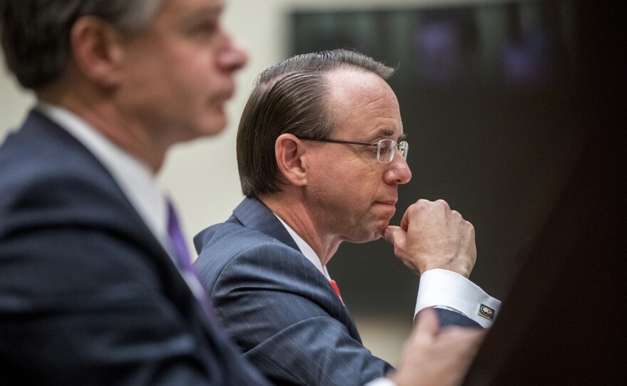 Deputy Attorney General Rod Rosenstein, right, and FBI Director Christopher Wray, left, appeared before the House Judiciary Committee on June 28. Some members complain they are stonewalling.