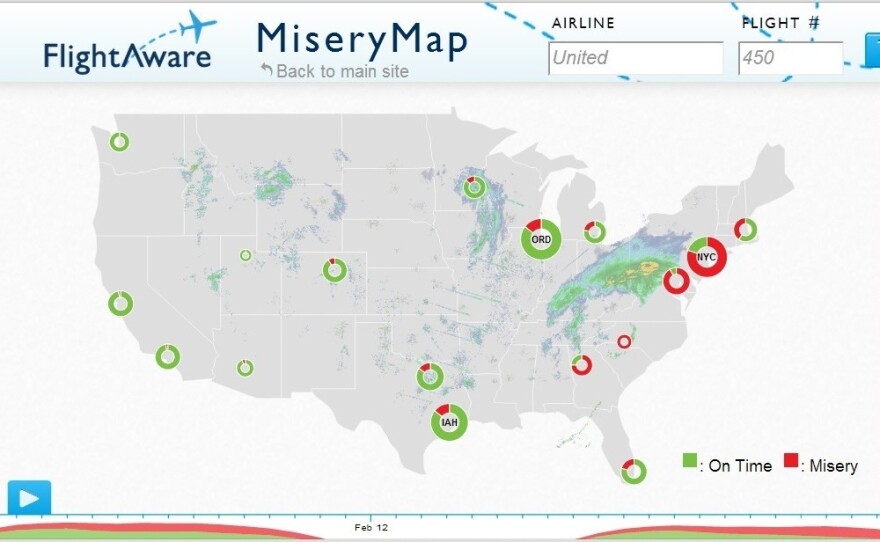 Here's where the misery was this morning, according to FlightAware.com.