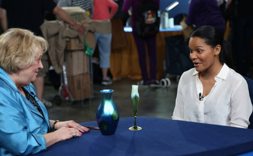 Kathleen Bailey (left) appraises Tiffany vases, ca. 1910 for $13,500 in Detroit, Michigan.