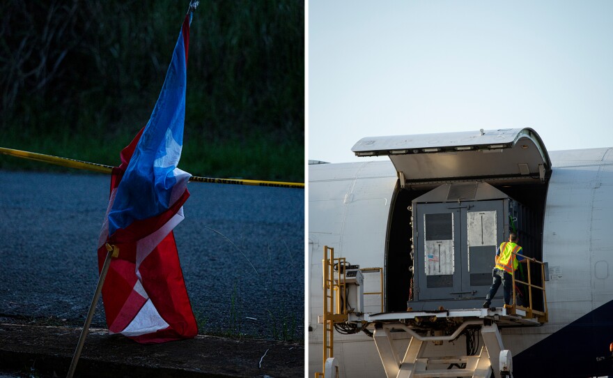 Left: A protester's Puerto Rican flag rests outside the zoo on the evening of Mundi's departure. Right: Shortly after sunrise on May 12, Mundi the elephant was loaded onto the 747 cargo jet that would fly her off the island.