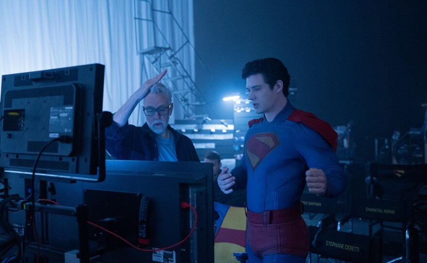 Director James Gunn on the set of "Superman" with actor David Corenswet. (2025)