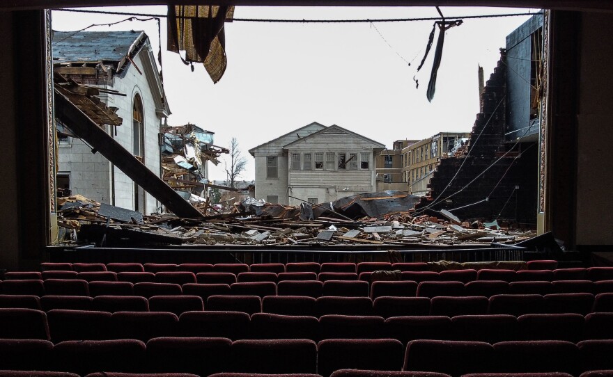 The Legion Theatre was destroyed in Mayfield, Kentucky when tornadoes ravaged the region December 10, 2021. US President Joe Biden toured Kentucky cities and towns days later, pledging the government would foot 100% of the bill for emergency relief for 30 days.