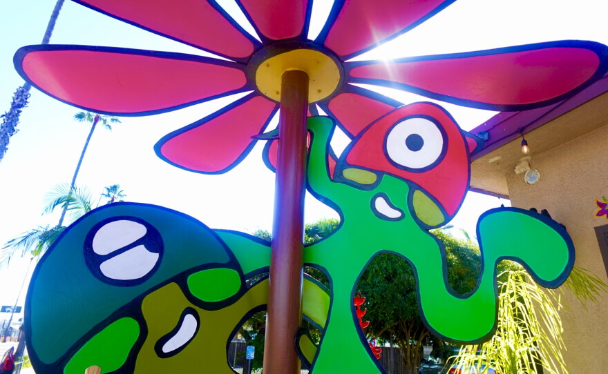Artist Bella Bowman's sculpture, "Fun Guys," outside Carrillo Pottery in Oceanside on Jan. 26, 2026.