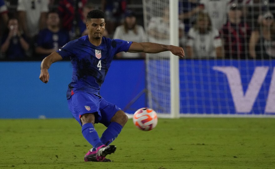United States defender Miles Robinson (4) passes the ball during the second half of a CONCACAF Nations League soccer match against El Salvador, Monday, March 27, 2023, in Orlando, Fla.