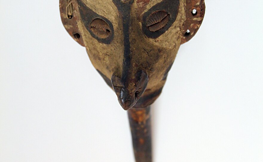 A bone dagger artifact from Papua New Guinea mid 20th century on display at the "Cannibalism: Myths and Reality" exhibit at the San Diego Museum of Man.